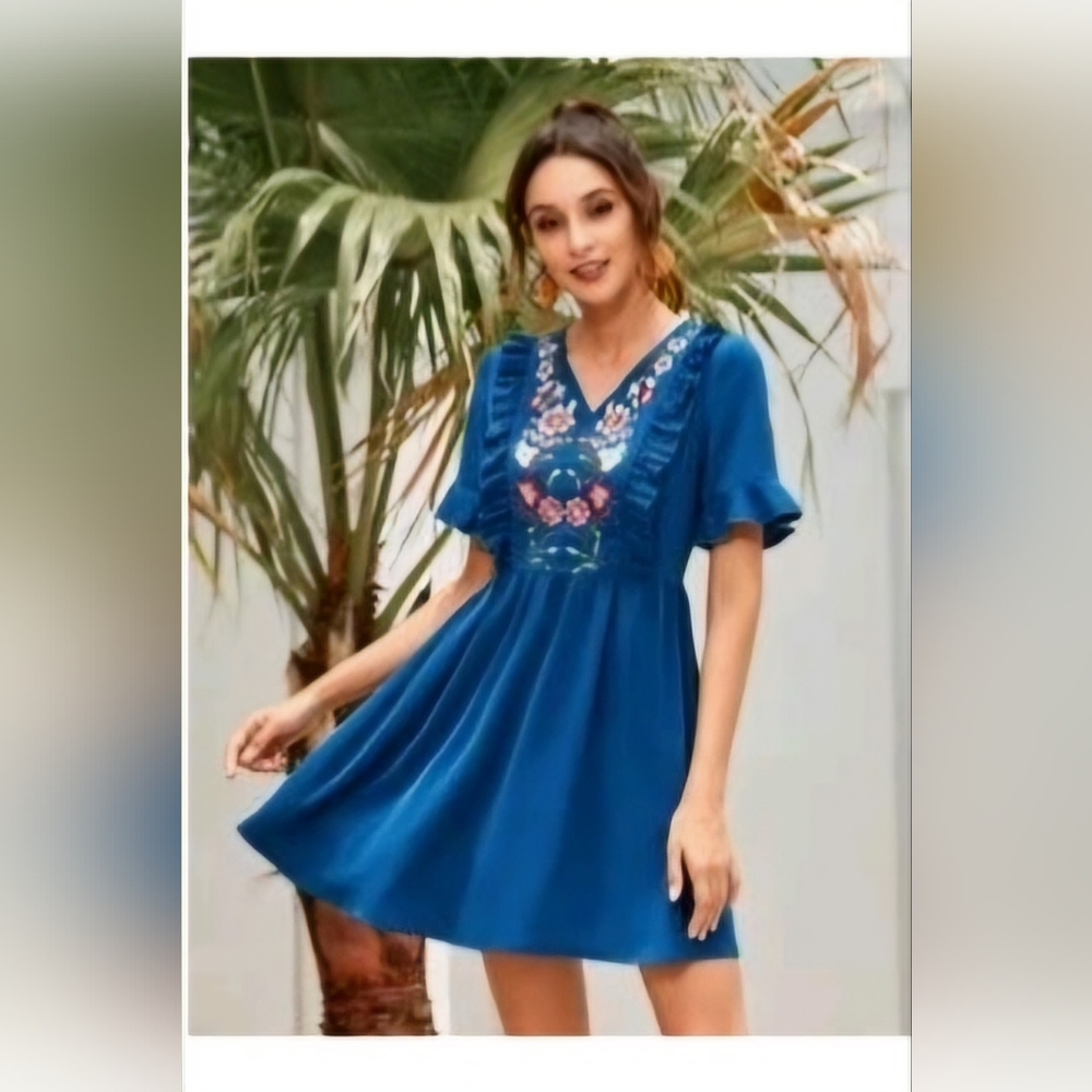 Floral Embroidery Frill Trim A-line Dress